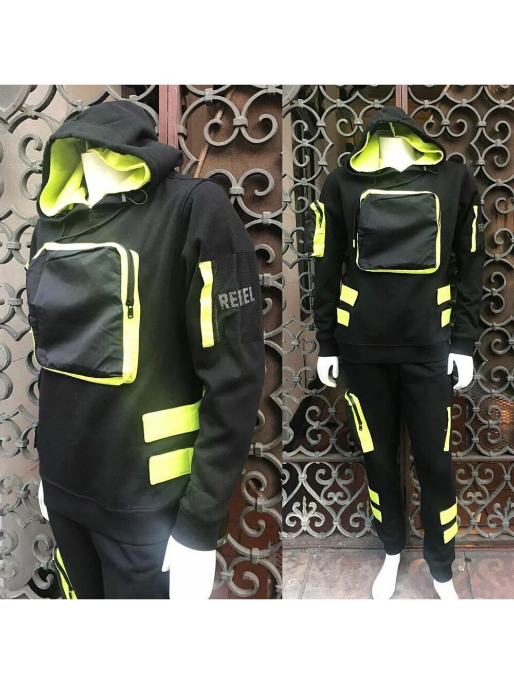Men's Black | Lime Green Fashion Fleece Hooded Sweatsuit